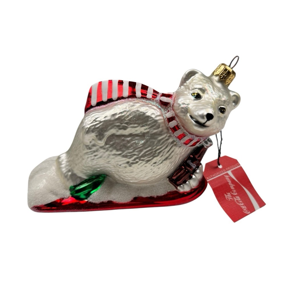 Polonaise Coca Cola - Polar Bear on Skis Glass Christmas Ornament w/ Tag & Box